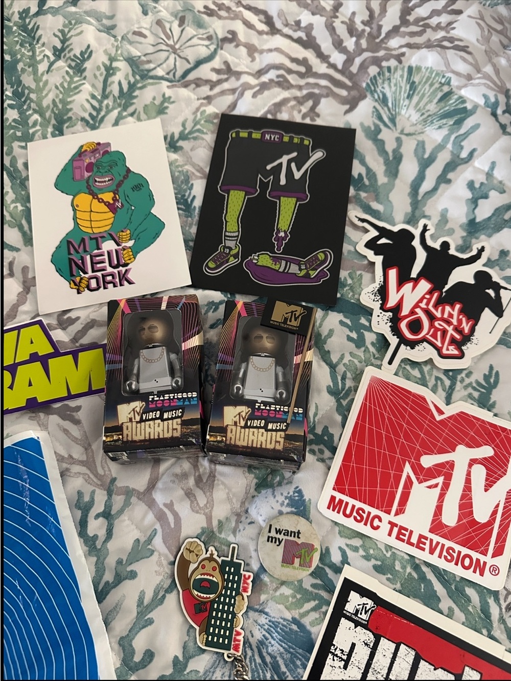 MTV Vintage Collector Bundle Moonman Figures, Stickers, Pins, + Rare Promo Items